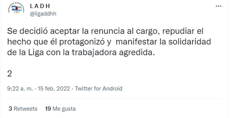 Tweet de la Liga Argentina de DDHH 20220215