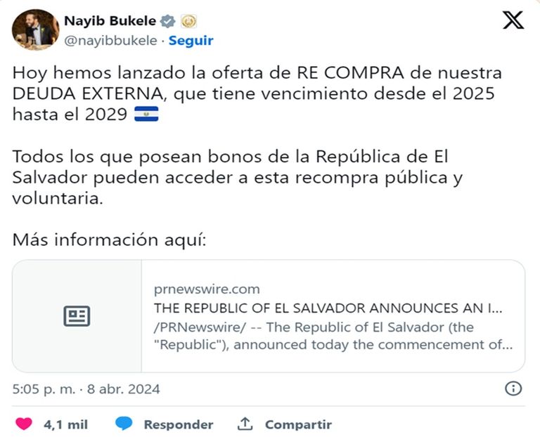 Tuit de Nayib Bukele y la deuda externa de El Salvador