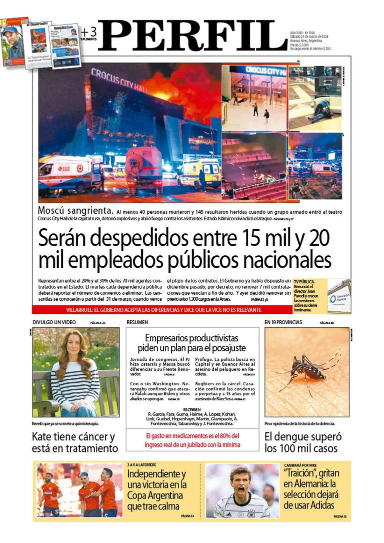 La tapa del Diario PERFIL del sábado 23 de marzo de 2024