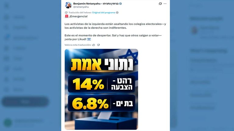 Netanyahu comparte los números de participación electoral en los bastiones árabes e israelíes de derecha para instar a sus partidarios a votar.