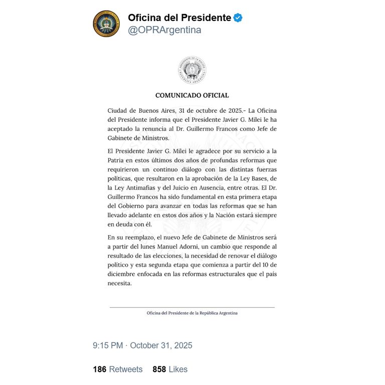 El Presidente Milei aceptó la renuncia de Guillermo Francos