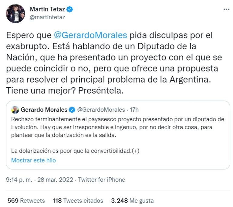 Tweet de Martín Tetaz contra Morales 20220329