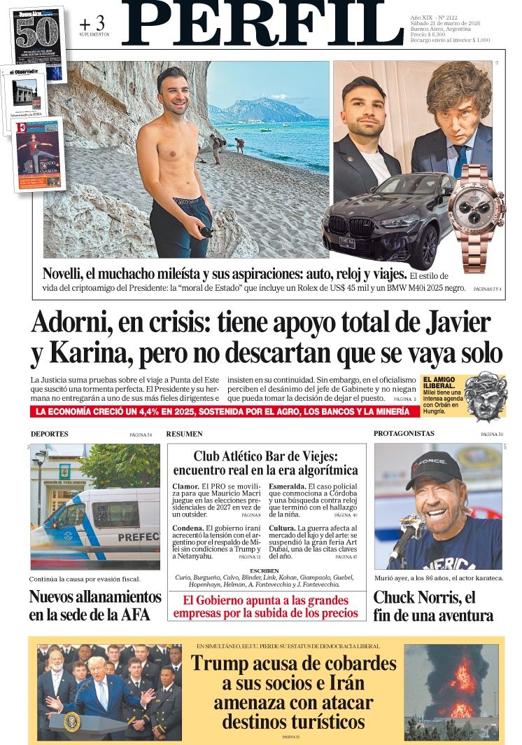 La tapa del Diario PERFIL del sábado 21 de marzo de 2026