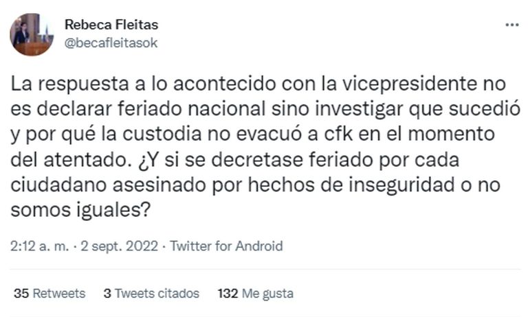 Tweet de Rebecca Fleitas 20220902