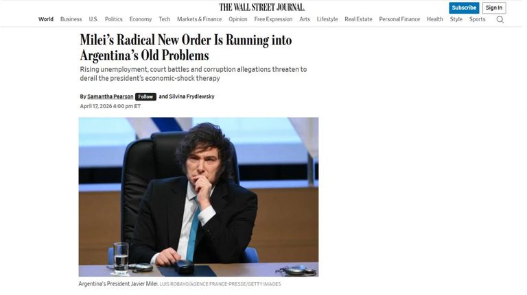 El Wall Street Journal advierte riesgos para la reelección de Javier Milei 18042026