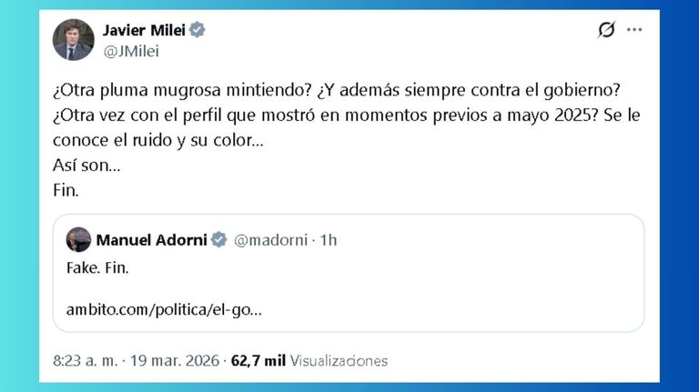 El presidente Javier Milei apoyó la desmntida de Manuel Adorni sobre su posible renuncia
