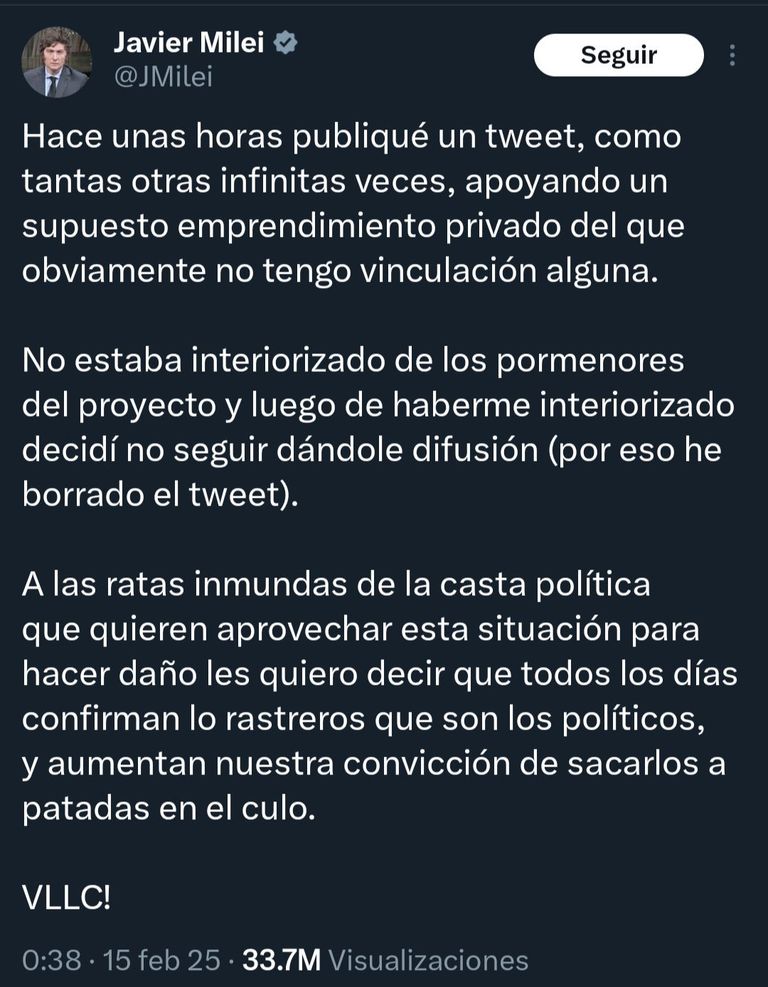 Justificación Javier Milei criptomoneda
