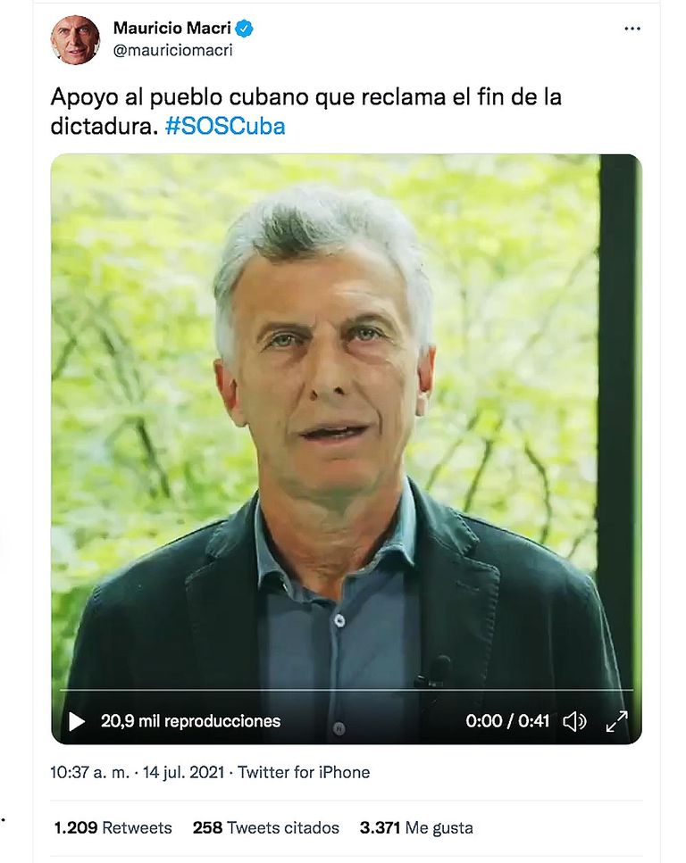 Apoyo de Mauricio Macri al pueblo de Cuba 20210714