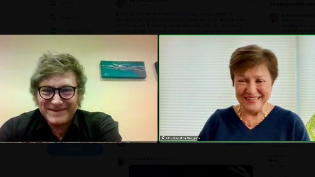 Javier Milei y Kristalina Georgieva, en la comunicación de este viernes 24 de noviembre.