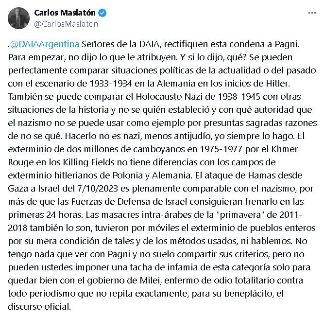 Tuit de Carlos Maslatón en defensa de Carlos Pagni