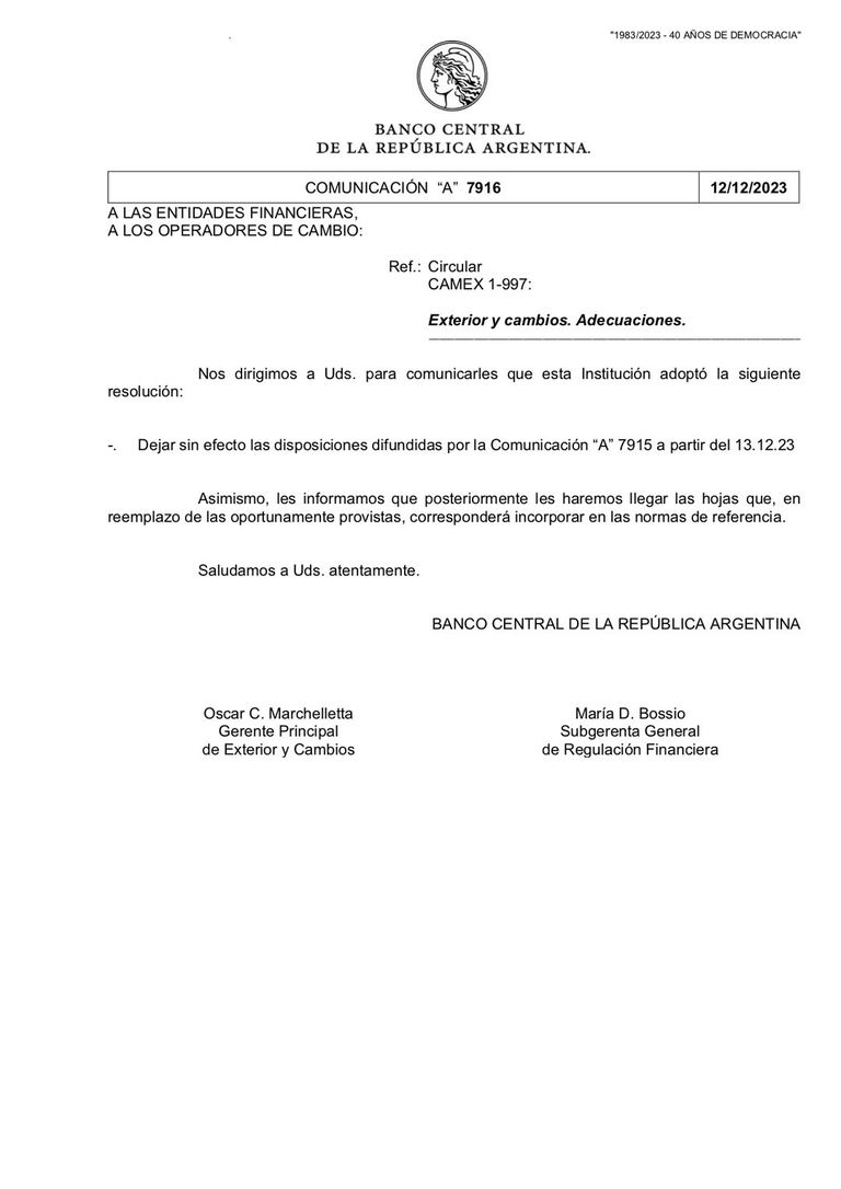 Comunicado del Banco Central de la República Argentina