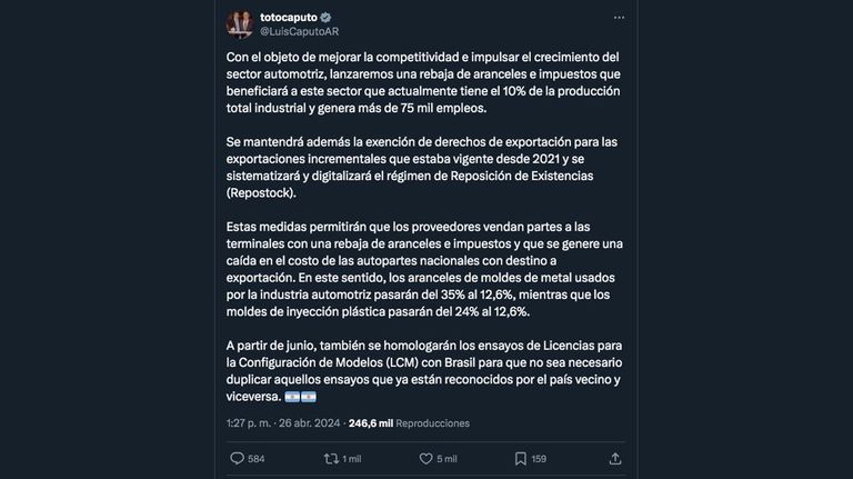 Mensaje de Luis Caputo