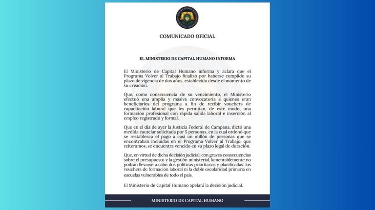 El Ministerio de Capital Humano apelará la cautelar que ordena continuar el pago del Programa Volver al Trabajo