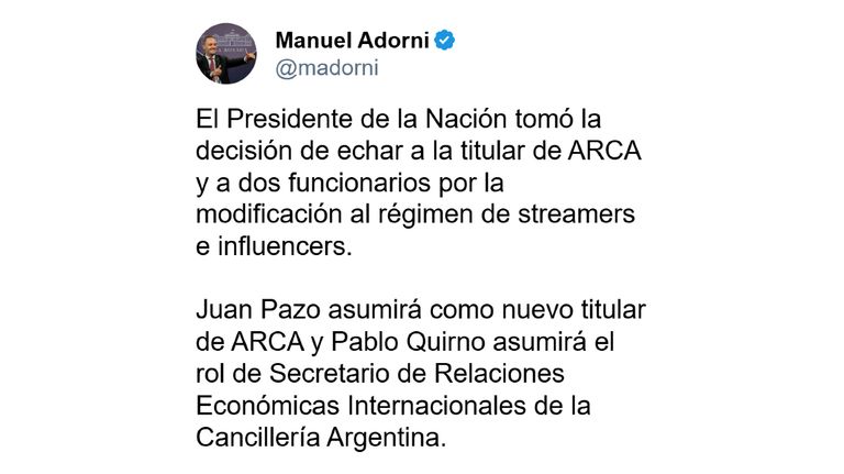 20241207 Tuit de Manuel Adorni ratificando el despido de Florencia Misrahi de ARCA