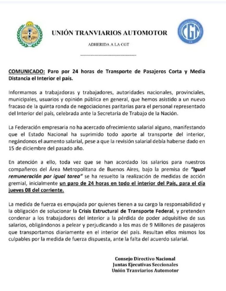 Paro de colectivos anunciado por la UTA para el interior.