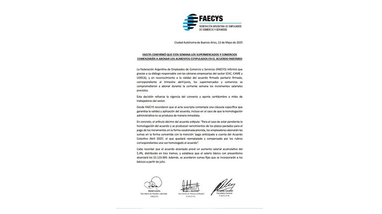 FAECYS ratificó el aumento salarial de 5,4%