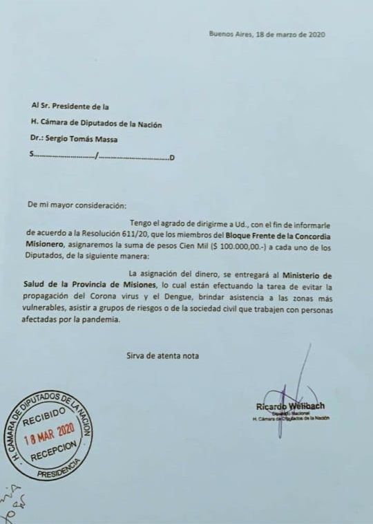Carta Frente de la Concordia Misionero