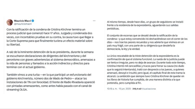 Mauricio Macri se refirió en redes a la condena de Cristina Kirchner.