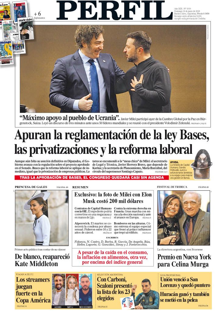 La tapa del Diario PERFIL del domingo 16 de junio de 2024