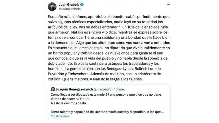 Bertie Benegas Lynch defendió a su hermano Joaquin, que había tuiteado contra la diputada Natalia Zaracho