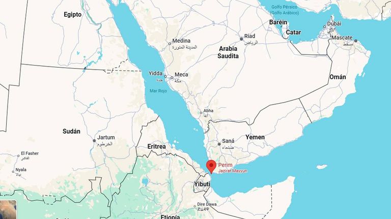 Mapa del estrecho de Bab el Mandeb y la isla Pirem