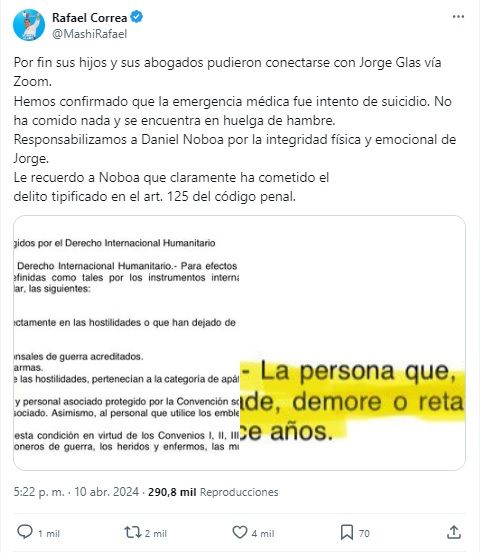 Rafael Correa tuit 20240410