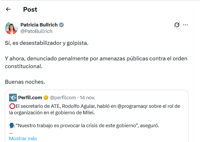 Tuit Patricia Bullrich Aguiar