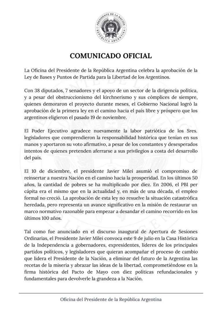 Comunicado de la Oficina del Presidente 20240628
