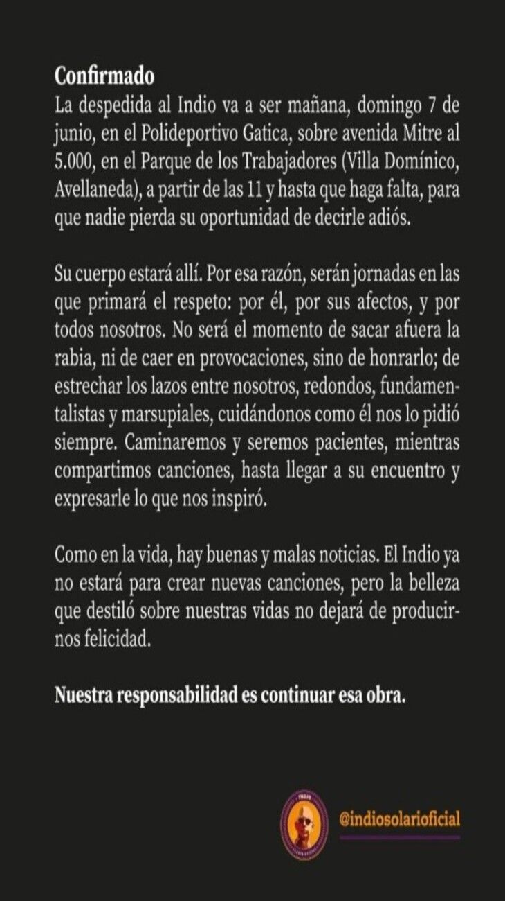 Comunicado familia del Indio
