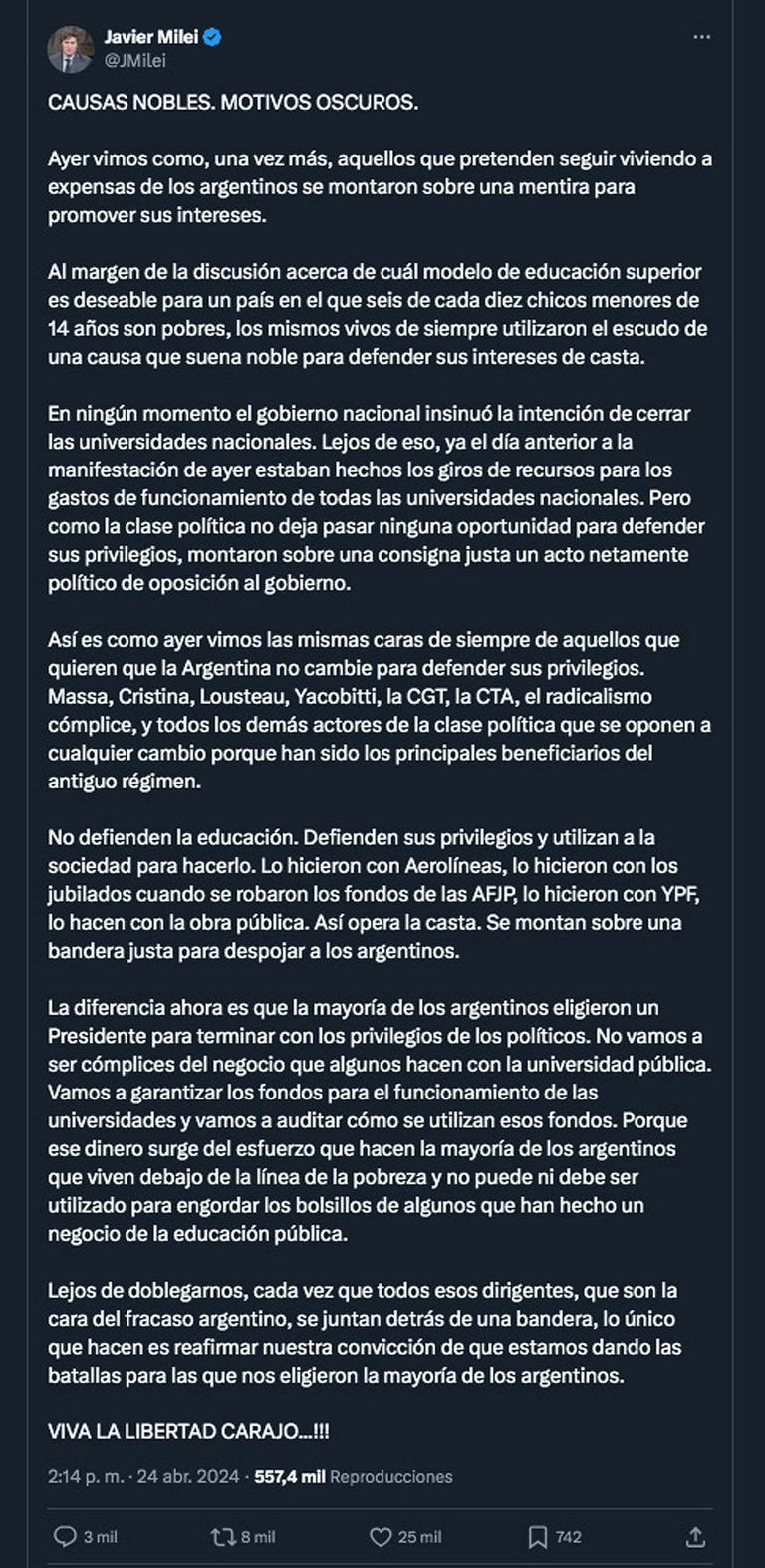 Mensaje del presidente Javier Milei