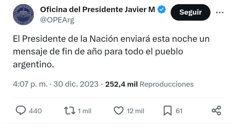 Anuncio de mensaje de fin de año de Milei