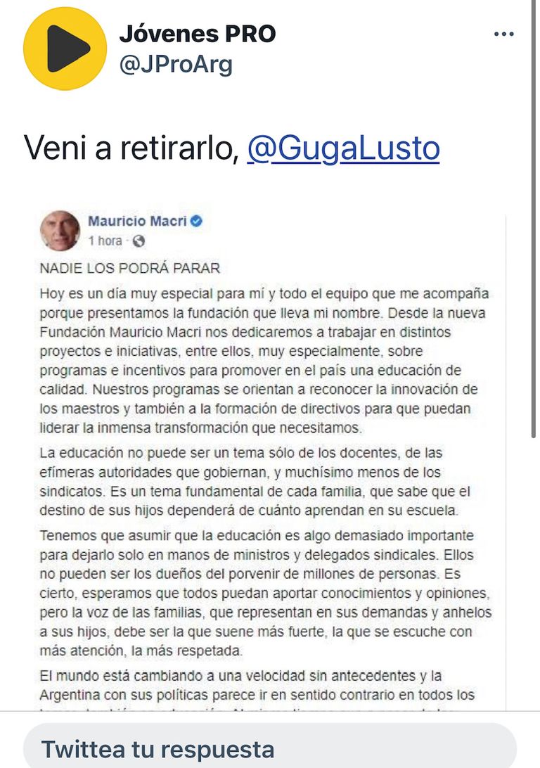 Tweet de Jóvenes PRO