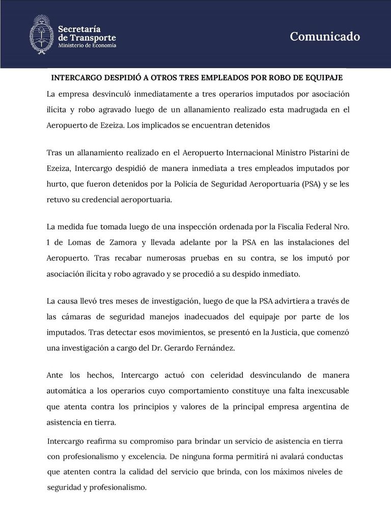 Comunicado Intercargo por despido de tres empleados por robo