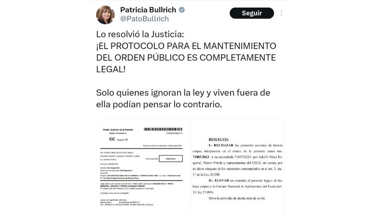 Tweet de Patricia Bullrich