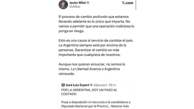 Milei compartió el mensaje de Espert