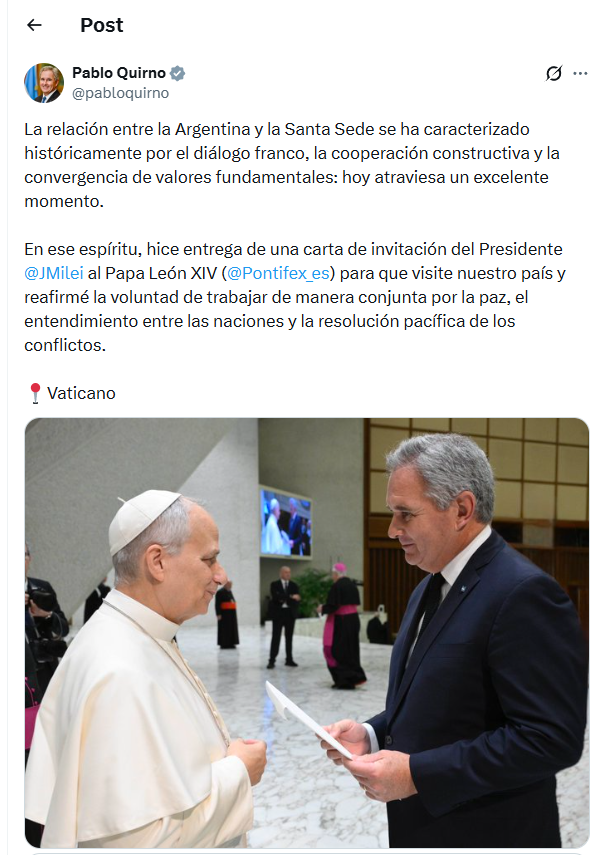 Post Quirno sobre invitación al Papa