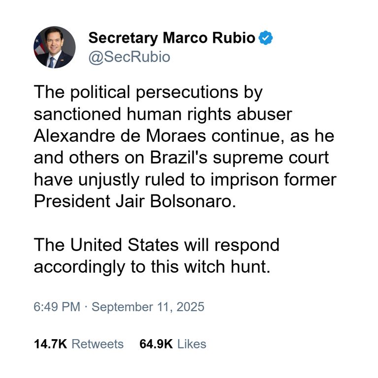 Tuit del Secretario Mario Rubio contra el gobierno de Brasil por la condena a Bolsonaro