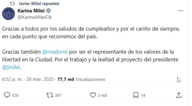 Posteo Karina Milei