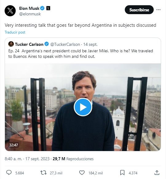Elon Musk sobre entrevista de Carlson a Milei g_20230917