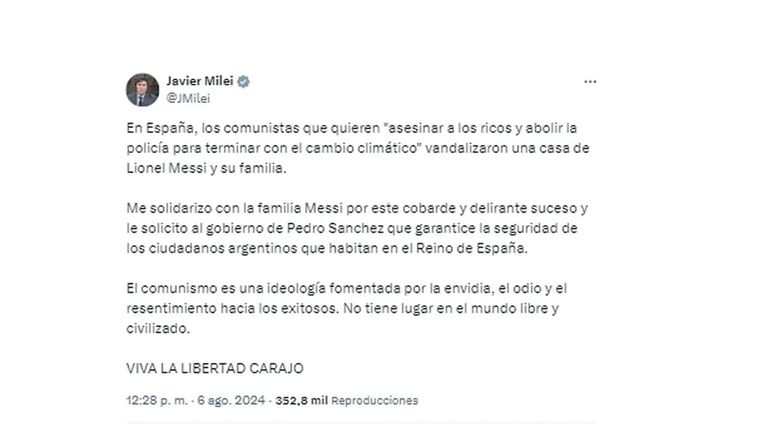 Lionel Messi en Ibiza, Javier Milei se solidarizó en las redes sociales