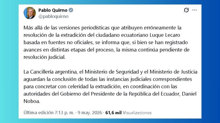 El canciller Pablo Quirno desmintió la versión de Patricia Bullrich sobre la extradición de Hernán Luque Lecaro