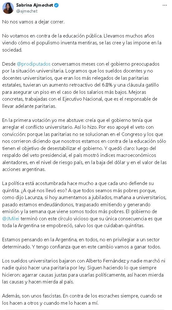 Twit de Sabrina Ajmechet en defensa del veto a la ley de financiamiento universitario