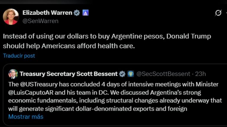Tweet Elizabeth Warren contra Scott Bessent