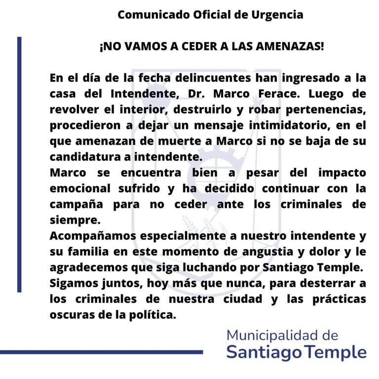 Comunicado Santiago Temple sobre amenazas al intendente