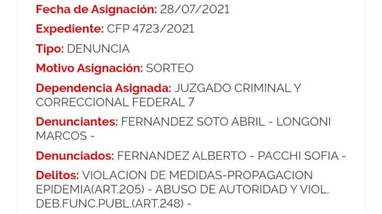 denuncia alberto fernandez sofia pacchi 28072021