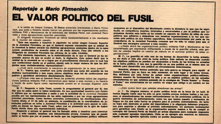 Documento de 'El Descamisado': Firmenich exaltando la violencia extremista.