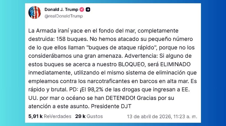 Donald Trump aseguró que 'la Armada iraní yace en el fondo del mar, completamente destruida'
