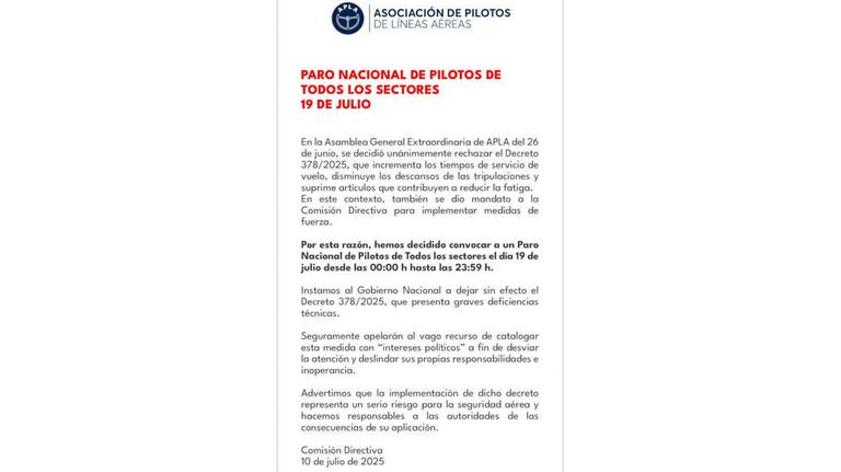Comunicado paro nacional de Pilotos 20250710