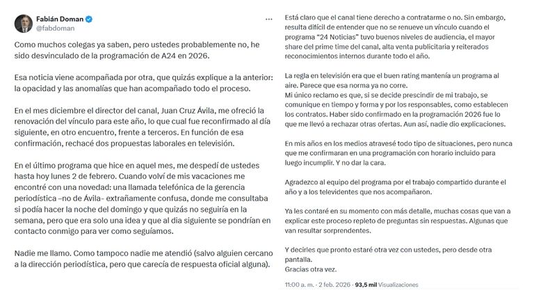 Tweet de Fabián Doman