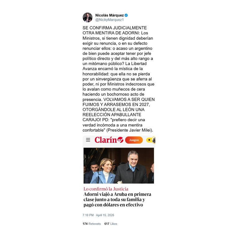 Posteo de Nicolás Márquez contra Manuel Adornis